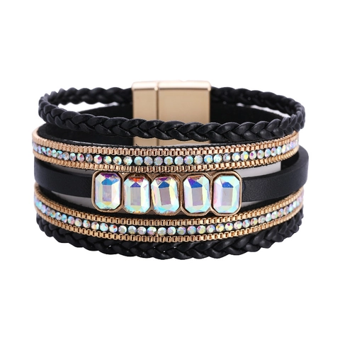 Bracciale Multistrato in Pelle Bohemienne per Donna Con Chiusura Magnetica Cristallo AB Artificiale Strass Braccialetto Intrecciato Gioielli
