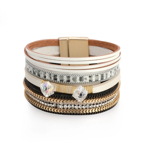 Bracelet Enroulé en Cuir Multicouche Bohème pour Femme Alliage d'Or Incrusté Strass Cristal Artificiel Fermoir Magnétique Bracelet Jonc Bijoux de Mode