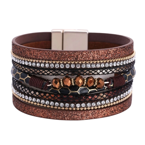 Bracciale Avvolgente Multistrato Bohémien per Donna Strass Perline Pelle PU Stile Etnico Ampio Bracciale Chiusura Magnetica Gioielli