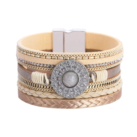 Bohemian Multi-layer Leather Wrap Bracelet For Women Ethnic Style Rhinestone Embellished Magnetic Clasp Fashion Jewelry Casual Arm Cuff Gift