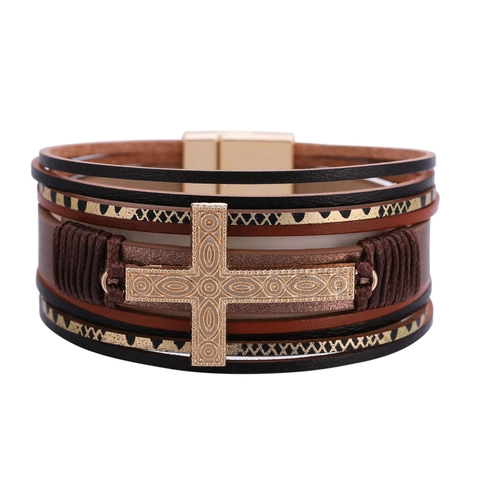 Bracciale Multistrato in Pelle Artificiale Bohemien Con Pendente a Croce in Lega Vintage Chiusura Magnetica per Uomo Donna
