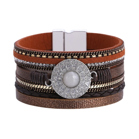 Bohemian Multi-layer Leather Wrap Bracelet For Women Ethnic Style Rhinestone Embellished Magnetic Clasp Fashion Jewelry Casual Arm Cuff Gift
