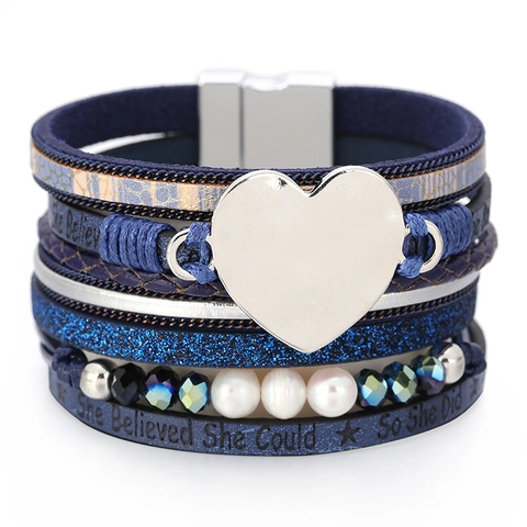 Bohemian Multilayer PU Leather Bracelet For Women Heart Pendant Artificial Pearl Rhinestone Inspirational Quote Jewelry
