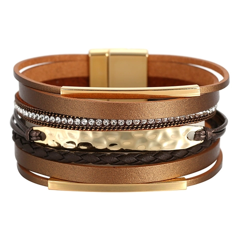Bracelet Multicouche Bohême pour Femme Bandes Métalliques en Alliage Cuir Artificiel Corde Tissée Bracelet Enveloppant Strass Avec Fermoir Magnétique Bijoux de Mode