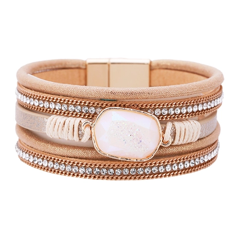 Bohemian Multilayer Leather Wrap Bracelet For Women Ethnic Style Rhinestone Inlaid Faux Druzy Stone Geometric Magnetic Clasp Bracelet