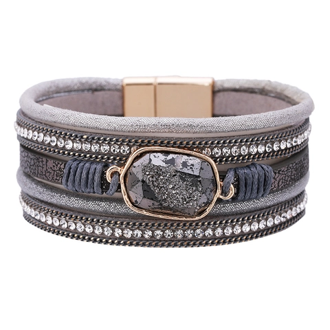 Bohemian Multilayer Leather Wrap Bracelet For Women Ethnic Style Rhinestone Inlaid Faux Druzy Stone Geometric Magnetic Clasp Bracelet