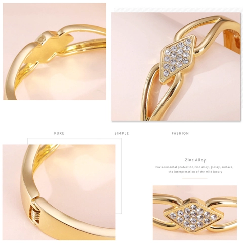 Minimalist Gold Plated Alloy Rhombus Cubic Zirconia Bangle For Women Elegant Geometric Open Bracelet Daily Party Jewelry