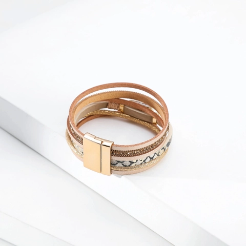 Bohemian Multilayer Leather Bracelet For Women Fashion Magnetic Clasp Alloy Rhinestone Marble Pattern Wrap Wristband