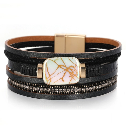 Bohemian Multilayer Leather Bracelet For Women Fashion Magnetic Clasp Alloy Rhinestone Marble Pattern Wrap Wristband