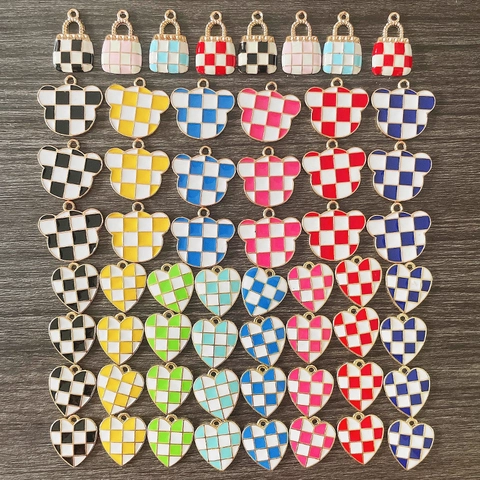 Checkerboard Colorful Alloy Enamel Pendants Heart Bear Handbag Charms For DIY Jewelry Making Necklace Earrings Accessories