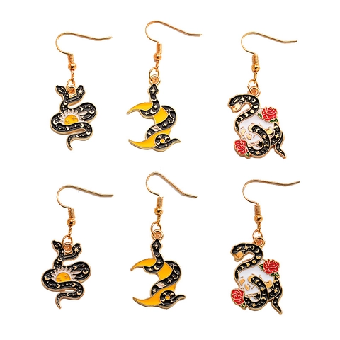 Vintage Gothic Snake Dangle Earrings For Women Alloy Enamel Sun Moon Skull Rose Celestial Mysterious Hook Jewelry Gift
