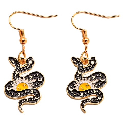 Vintage Gothic Snake Dangle Earrings For Women Alloy Enamel Sun Moon Skull Rose Celestial Mysterious Hook Jewelry Gift