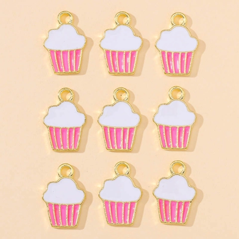 Cupcake Charms Pendants Alloy Enamel Pink Striped White Cream Gold Plated For DIY Necklace Earring Making Jewelry Accessories