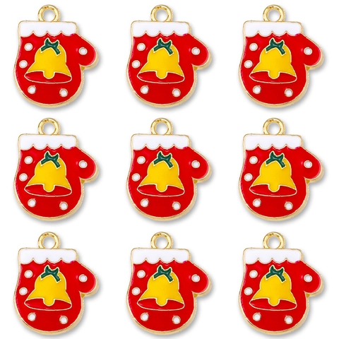 Christmas Red Glove Enamel Pendant Alloy Bell Pattern Charm For DIY Necklace Bracelet Earrings Jewelry Making Accessory