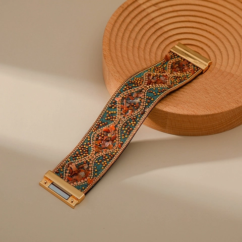 Bracelet Manchette Large en Cuir Fait à la Main de Bohême pour Femme Bijoux Ethniques Multicouches avec Perles et Fermoir Magnétique Strass Pierre Cadeau