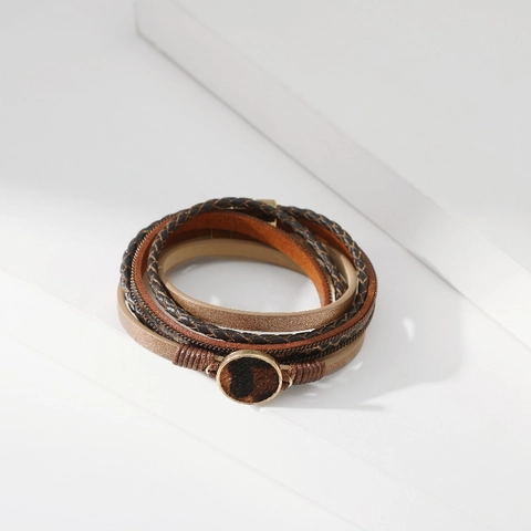 Bracciale Avvolgente Multistrato da Donna in Lega Ecopelle Pelo di Cavallo Stampa Leopardata Serpente Gioielli Moda Chiusura Magnetica