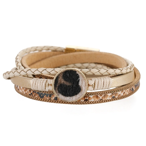 Bracciale Avvolgente Multistrato da Donna in Lega Ecopelle Pelo di Cavallo Stampa Leopardata Serpente Gioielli Moda Chiusura Magnetica