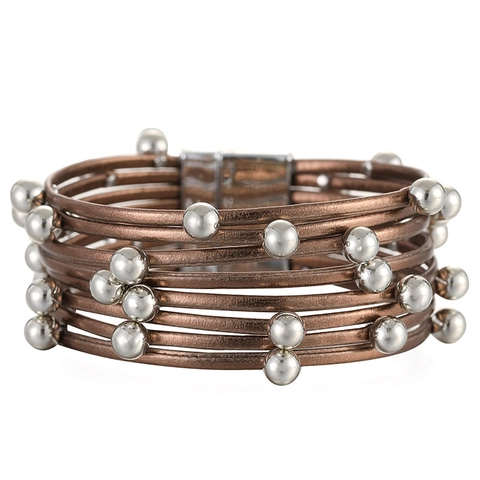 Bracciale Avvolgente in Corda di Pelle Multistrato Bohemien per Donna Vintage Perline in Lega Chiusura Magnetica Gioielli di Moda