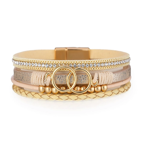 Bohemian Multi-layer Artificial Leather Wrap Bracelet For Women Interlocking Double Rings Rhinestone Braided Magnetic Clasp Jewelry