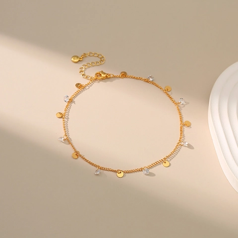Tobillera de Cobre Chapado en Oro de 18K para Mujer Colgante de Disco Redondo Zirconia Pulsera de Tobillo Minimalista Joyería de Pie para Playa Vacaciones