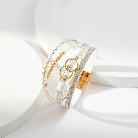 Bohemian Multi-layer Artificial Leather Wrap Bracelet For Women Interlocking Double Rings Rhinestone Braided Magnetic Clasp Jewelry