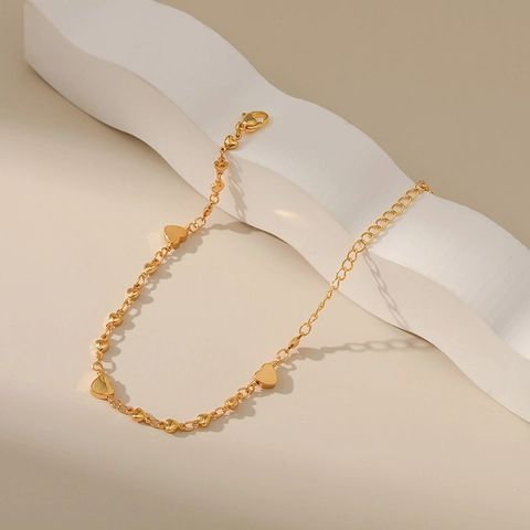 Sweet Women 18K Gold Plated Copper Bracelet With Solid Heart Charms Adjustable Link Chain Minimalist Fashion Jewelry Gift
