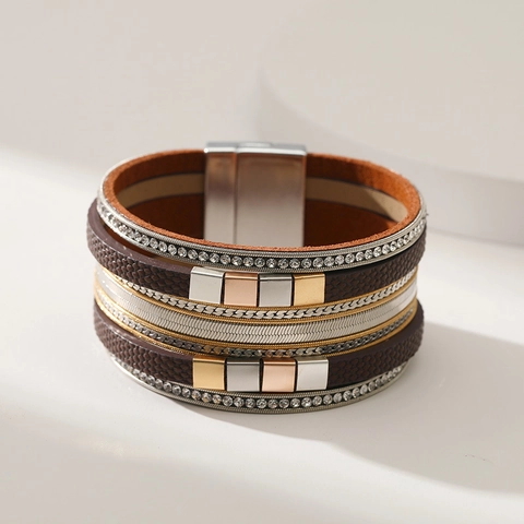 Bohemian Wide Multi-layer Leather Bracelet Alloy Rhinestone Square Charm Wrap Bracelet Magnetic Buckle Women Jewelry Gift
