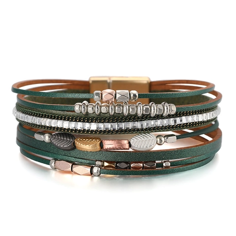 Bohemian Multilayer Leather Bracelet Leaf Charms Rhinestone Inlaid Magnetic Clasp Ethnic Wrap Bracelet For Women Jewelry
