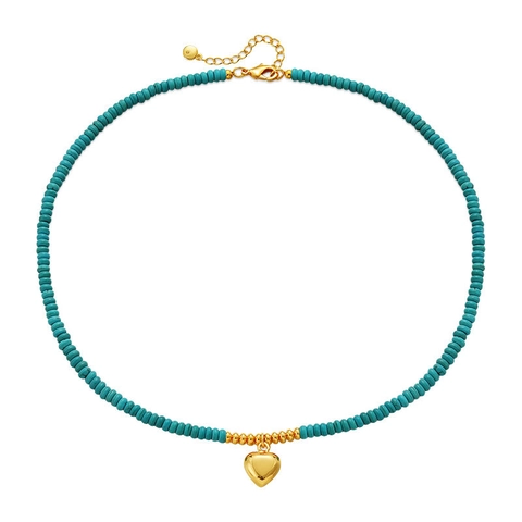 Exotic Style Zinc Alloy Artificial Turquoise Beaded Heart Pendant Necklace For Women Handmade Lucky Beads Choker Jewelry Gift