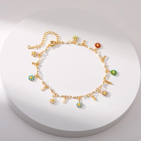 Bracelet de Cheville en Cuivre Plaqué Or 18K Avec Marguerite en Émail Multicolore pour Femme Bijoux de Plage Ajustable