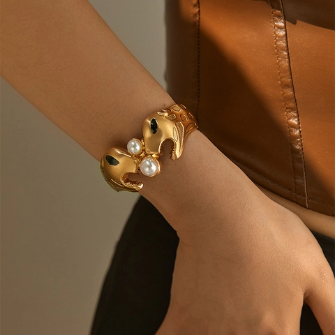 Brazalete Vintage de Aleación Con Motivo Animal de Leopardo y Jirafa Perla Artificial para Mujer Dorado Plateado Esmalte Pulsera Abierta Joyería