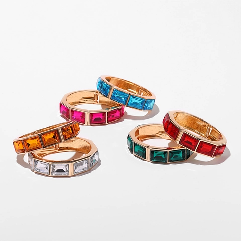 Bracciale Rigido a Cerniera in Lega di Zinco Vintage Per Donna Rettangolo Geometrico Cristallo Intarsiato Placcato Oro Gioielli