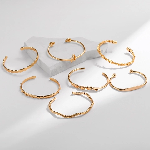 Bracelet Jonc Vintage Style Français Plaqué Or 18K Cuivre Femme Géométrique Irrégulier Nœud Vague Chaîne Torsadé Bijoux