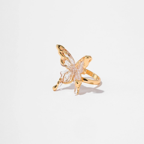 Künstlerischer Schmetterling Ring Für Damen Vergoldet Kupfer Flüssiges Metall Design Transparente Flügel Verstellbarer Ring