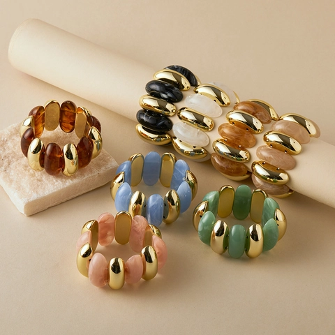 Bohemian Acrylic Marble Pattern Beaded Elastic Bangle For Women Vintage Alloy Metallic Geometric Flat Tube Stretch Bracelet Jewelry