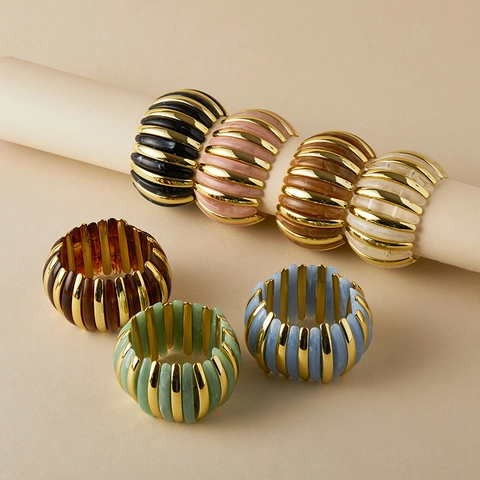 Vintage Acrylic Gold Metal Splicing Elastic Cuff Bracelet For Women Marble Texture Maillard Style Oversized Stretch Bangle