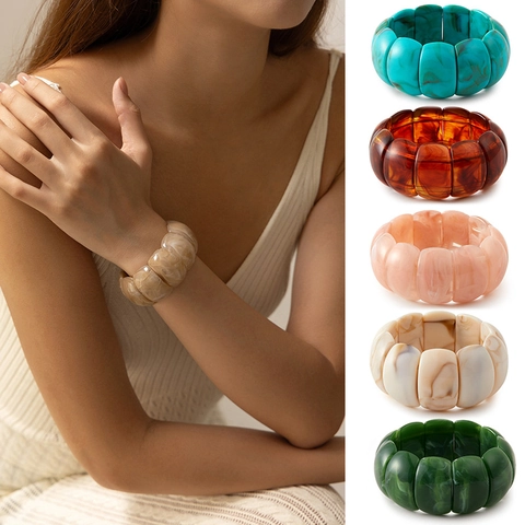 Irregular Wave Wide Resin Bangle Bracelet For Women Vintage Marbled Pattern Tortoise Shell Stretch Elastic Bracelet Fashion Jewelry