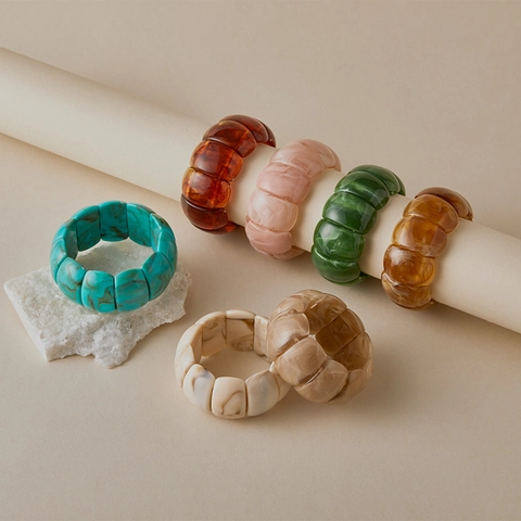 Vintage Chunky Acrylic Resin Bangle For Women Fashion Marble Tortoiseshell Pattern Stretch Bracelet Bohemian Studded Jewelry Hand Decor