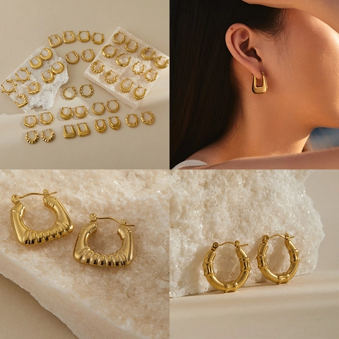 Orecchini a Cerchio Geometrici in Acciaio Inossidabile per Donna Minimalisti Placcati in Oro Torto Design a Costine Bambù Modello Gioielli retrò