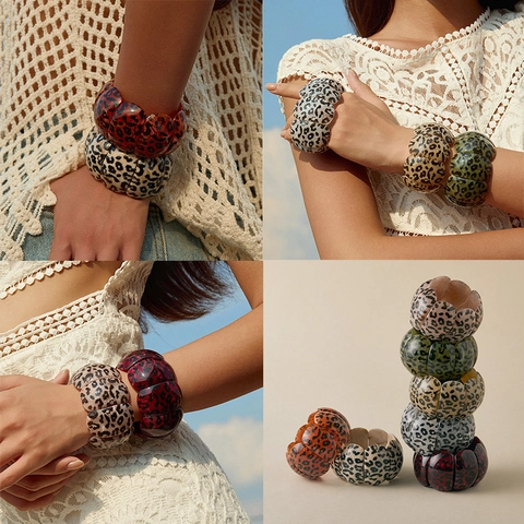 Vintage Leopard Print Acrylic Bangle Bracelet For Women Fashion Chunky Elastic Stretch Statement Wristband Jewelry Gift