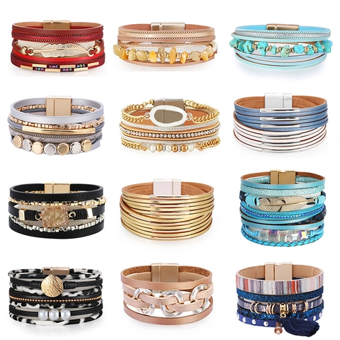 Handmade Bohemian Multilayer PU Leather Bracelet With Magnetic Buckle Alloy Rhinestone Pearl Feather Charm Wrap Bracelet For Women