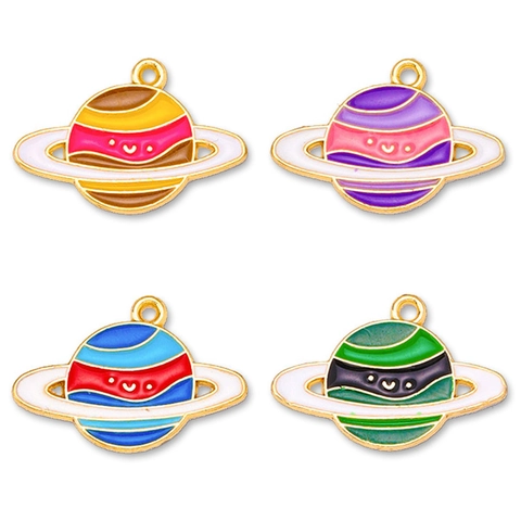 Cartoon Saturn Planet Enamel Pendant Smiley Face Alloy Drip Oil Charm For DIY Necklace Earring Jewelry Making Accessories