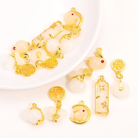 Chinese Style Alloy Imitation Jade Rabbit Bamboo Blessing Bag Pendants For DIY Jewelry Making Bracelet Accessories