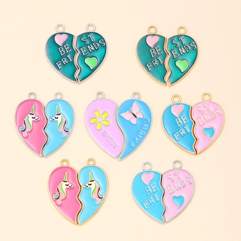 Best Friends Splicing Heart Pendant Alloy Enamel Drip Oil Unicorn Butterfly Flower Pattern DIY Jewelry Making Accessory
