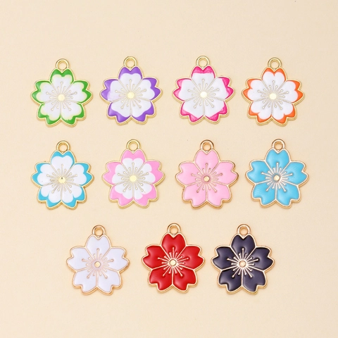 Alloy Enamel Sakura Flower Pendants DIY Drip Oil Cherry Blossom Charms For Jewelry Making Earrings Bracelet Accessories