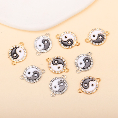 Alloy Tai Chi Yin Yang Pendant Connector With Rhinestone For DIY Jewelry Making Gold Silver Plated Enamel Charms Accessory