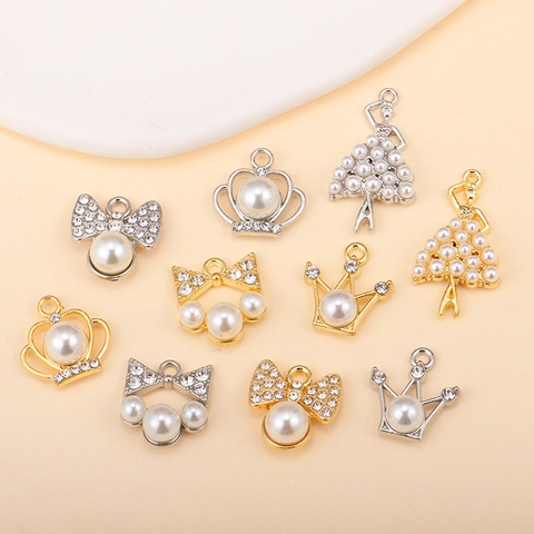 Alloy Artificial Pearl Rhinestone Crown Bow Ballerina Pendants For DIY Jewelry Necklace Earrings Making Material Accessories