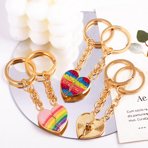 Creative Magnetic Split Heart Keychain For Couples Best Friends Cute Unicorn Rainbow Enamel Metal Bag Hanging Keyring Gift