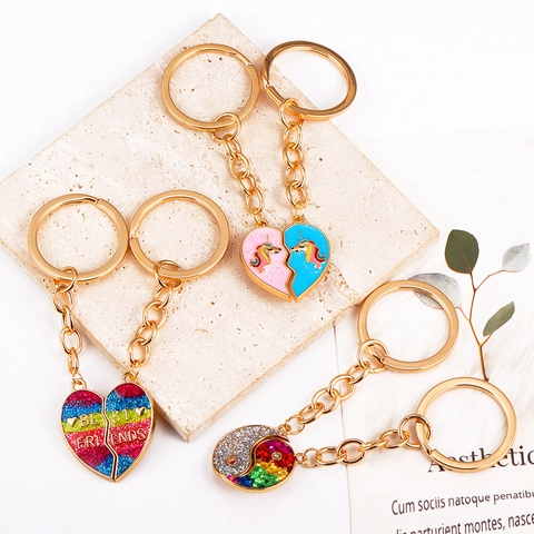 Creative Magnetic Split Heart Keychain For Couples Best Friends Cute Unicorn Rainbow Enamel Metal Bag Hanging Keyring Gift