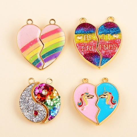 Best Friends Splittable Heart Pendants DIY Jewelry Alloy Enamel Glitter Butterfly Unicorn Yin Yang Charms Necklace Accessory